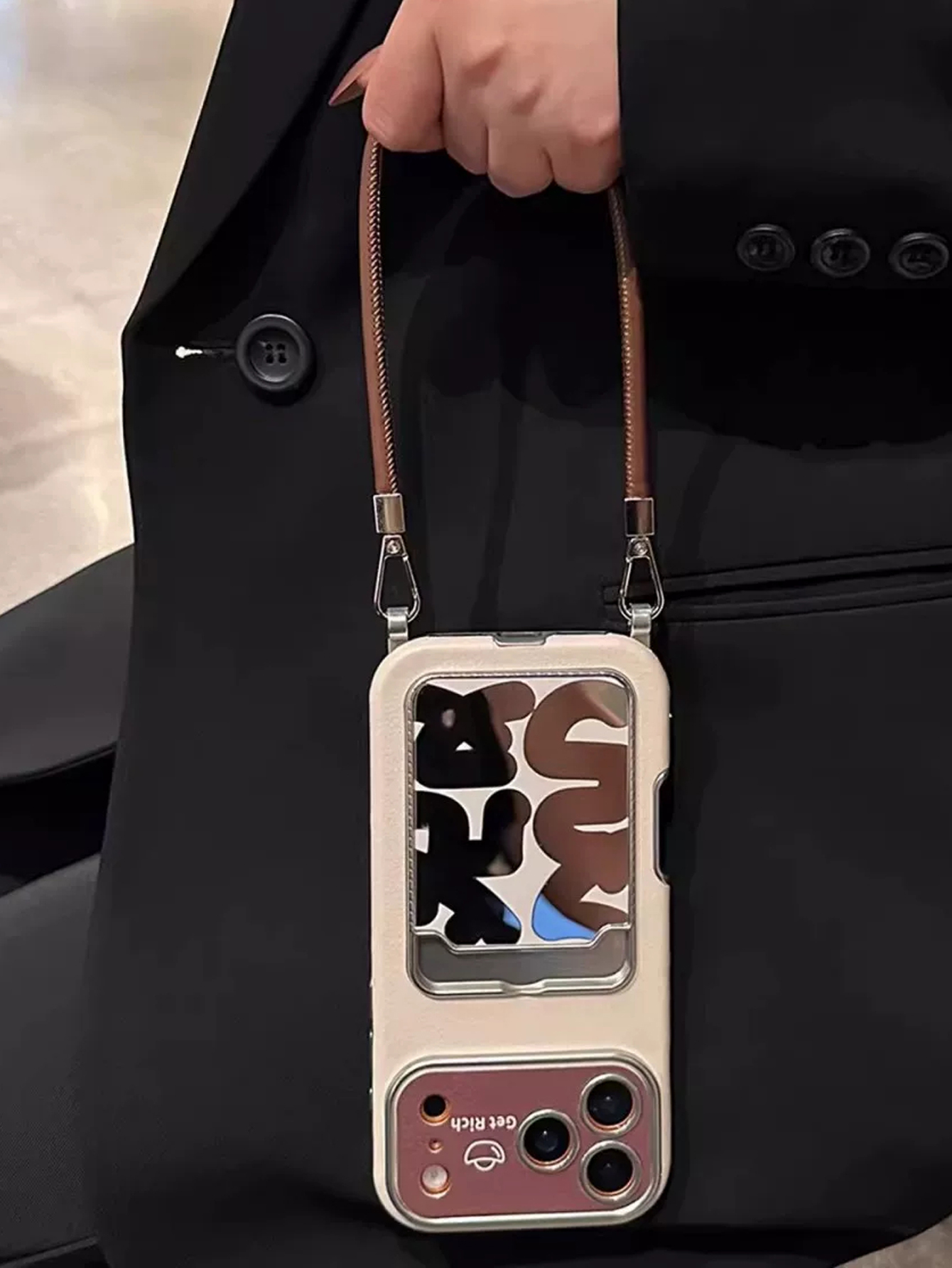 Phone Accessories Case - 고급 가죽 미러 카드 홀더 손목
