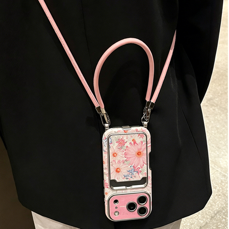 Phone Accessories Case - 핑크 플로럴 인조가죽 질감 카드 수납